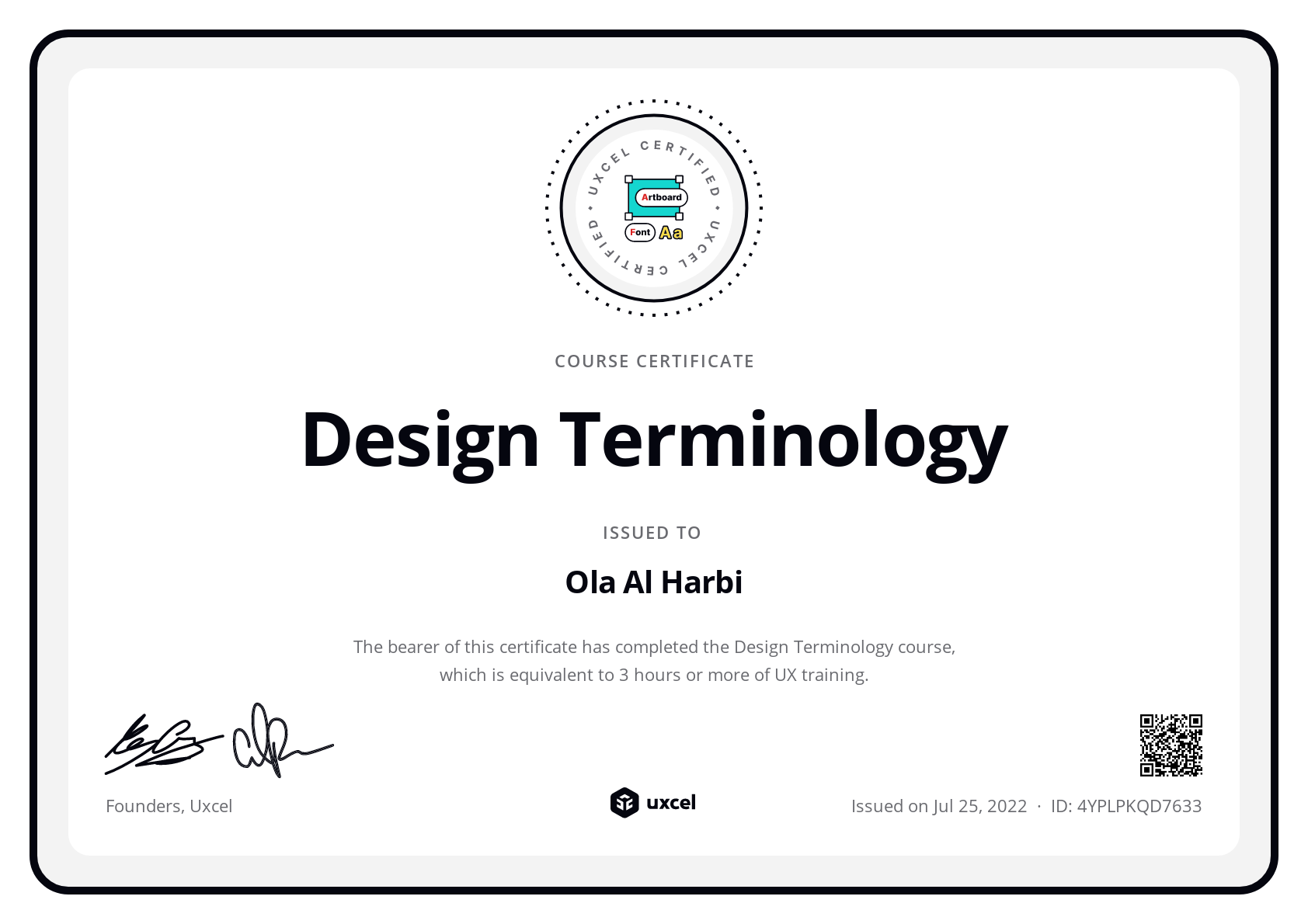 Ola Al Harbi's certificate